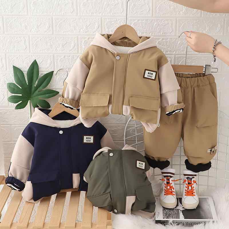 ベビー服 キッズ 男女兼用 男の子 女の子 フリース パーカー ジャケット 中綿入り 厚手 防寒 保温 ワーク風 セットアップ 上下セット 長ズボン カジュアル かわいい 通園 普段使い 秋冬 グリーン ライトブラウン ブラック