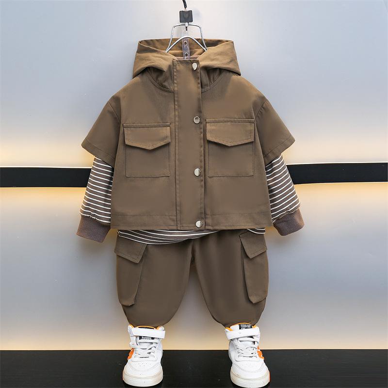 キッズ 男の子 春秋 ストリートカジュアル 綿 ニット 3点セット フード付きベスト ワークパンツ 長袖 長ズボン 上下セットアップ かっこいい おしゃれ 普段使い 通園 通学 お出かけ