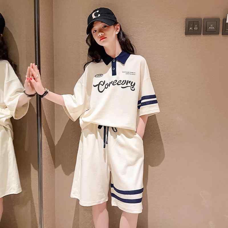 セットアップ 女の子 ジュニア 夏 薄手 ポロ スポーツ 運動 韓国風 襟付き Tシャツ ショートパンツ ハーフパンツ 半袖 綿 コットン プルオーバー 柔らかい 2点セット