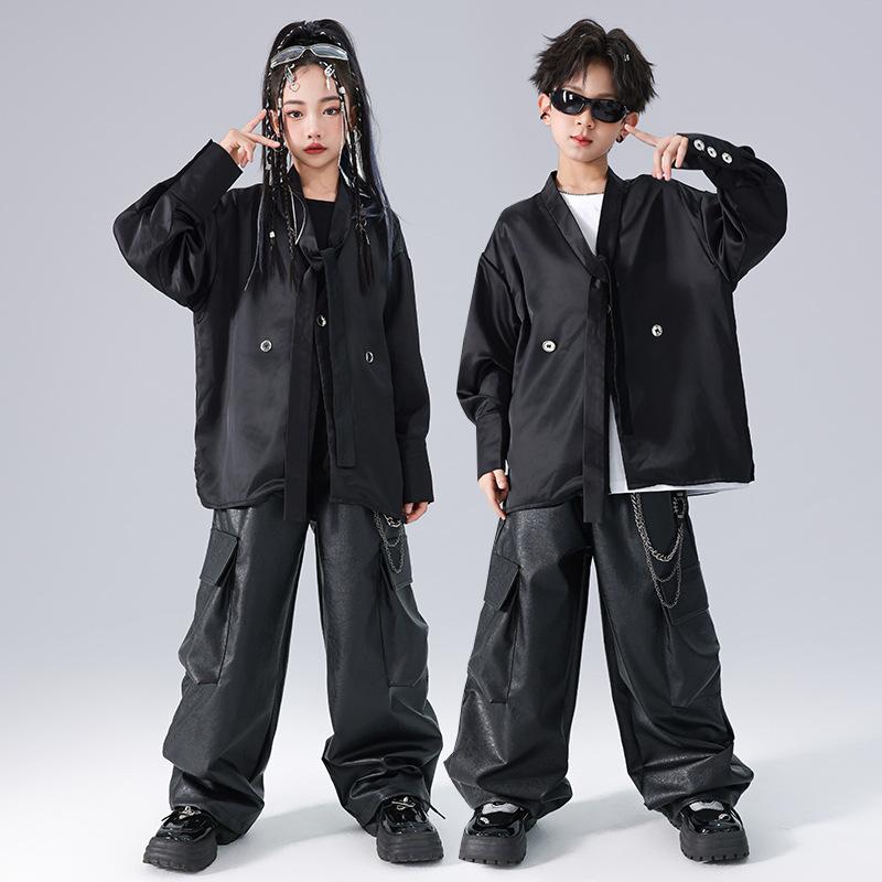 楽天way-ugoダンス衣装 キッズ 男女兼用 男の子 女の子 ヒップホップ ストリート 長袖 シャツ フェイクレザー パンツ セットアップ パフォーマンス 発表会 ステージ衣装 練習着 ストリートトレンド ポリエステル 黒 春秋