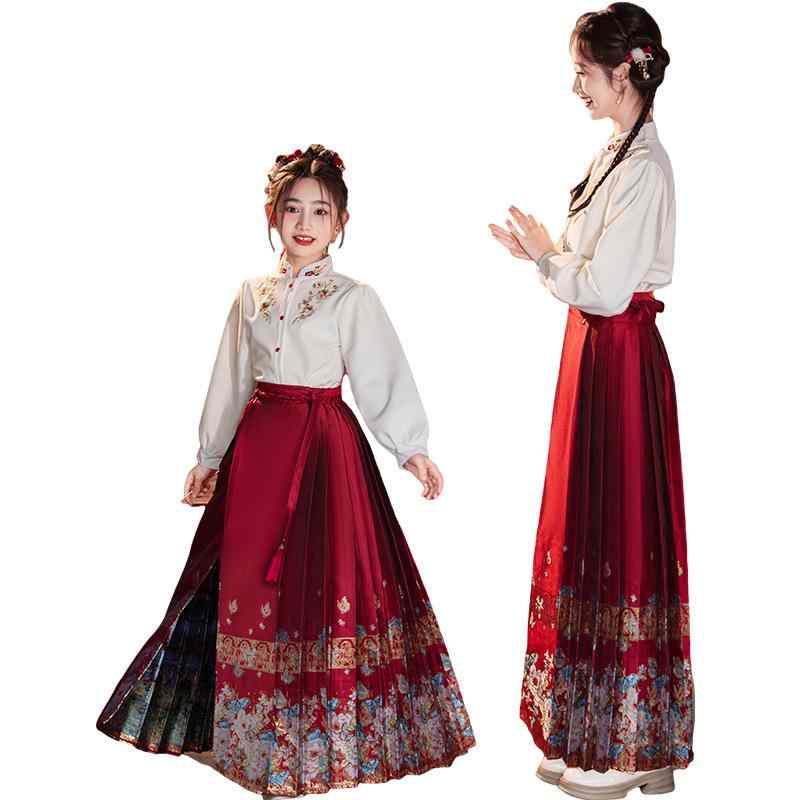 漢服 キッズ 女の子 レディース 親子ペア 母娘 姉妹 馬面裙 袴スカート セットアップ 中国風 伝統衣装 ..