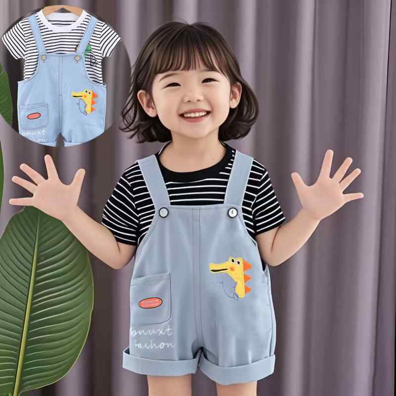 ベビー服 男の子 女の子 幼児 赤ちゃん服 春夏 半袖 Tシャツ カットソー デニム オーバーオール サロペット ショートパンツ 上下セット 2点セット シンプル 綿 コットン 刺繍 ワニ ホワイト ブラック 普段着 お出かけ 動きやすい