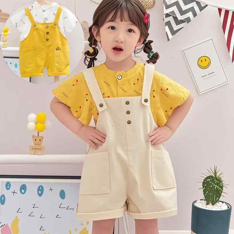 セットアップ ベビー 男の子 キッズ 男児 綿 コットン 半袖 ショートパンツ サロペット オーバーオール 夏服 薄手 カジュアル かわいい おしゃれ 総柄 スマイル柄 上下セット 2点セット