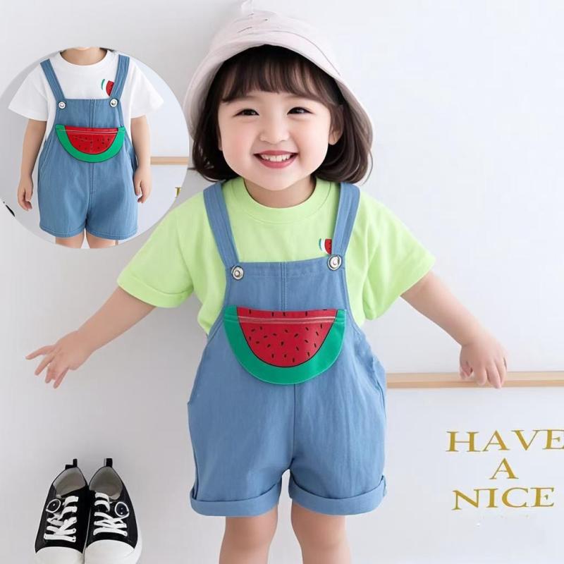 セットアップ 男の子 ベビー 赤ちゃん 乳幼児 キッズ 春夏 半袖 ショートパンツ サロペット オーバーオール 綿 薄手 おしゃれ かわいい かっこいい カジュアル スイカ柄 ホワイト グリーン
