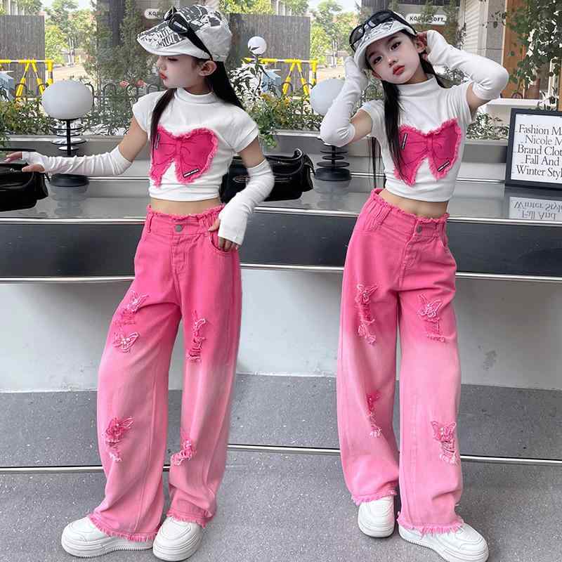 セットアップ 女の子 キッズ ジュニア 春秋 クール トレンド おしゃれ リボンTシャツ 長袖 グラデーション アルファベット柄 ダメージ加工 デニムパンツ ジーンズ 長ズボン 上下セット 2点セット