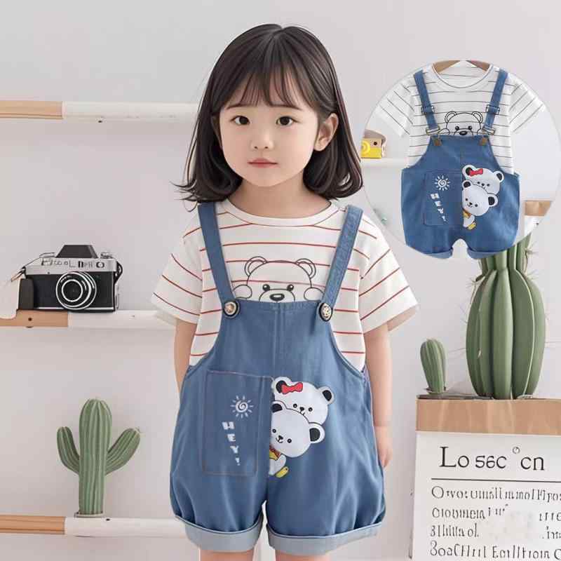 ベビー服 男の子 クマ柄 半袖トップス サロペット セットアップ 綿素材 薄手 夏服 カジュアル 普段使い ユニセックス かわいい おしゃれ 1歳 2歳 3歳向け 2点セット カラフル オレンジ グレー