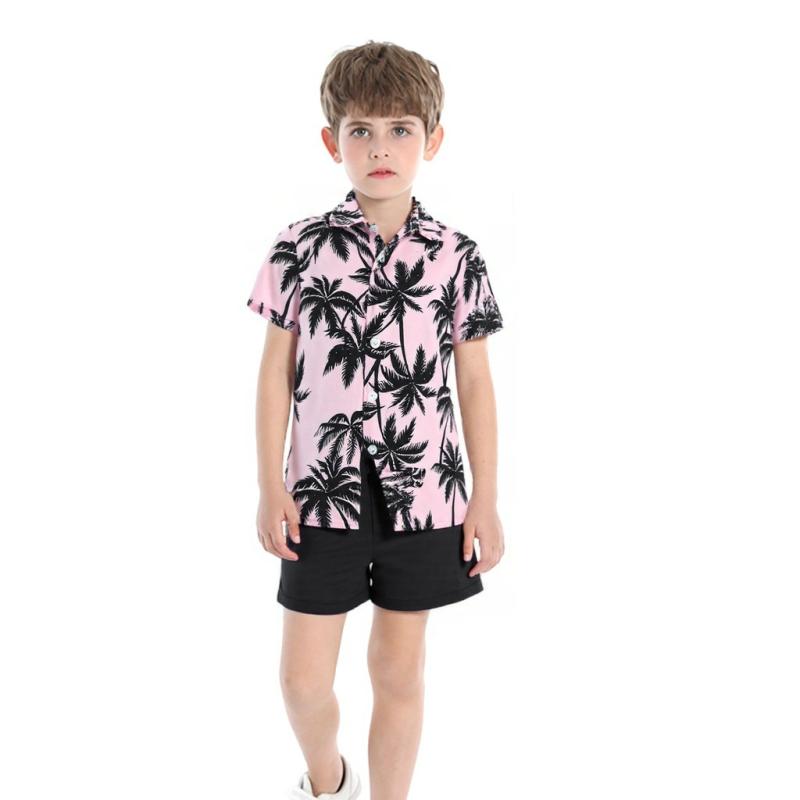 キッズ 男の子 半袖シャツ ショートパンツ セットアップ アロハシャツ 上下セット ビーチ リゾート 旅行 海水浴 カジュアル 普段着 薄手 綿 コットン 春夏 白 黒 ピンク