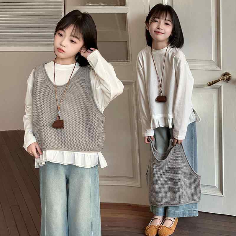 セットアップ 女の子 キッズ ジュニア 小中学生 春秋 フリル インナーシャツ 長袖 ジップアップ ニット..