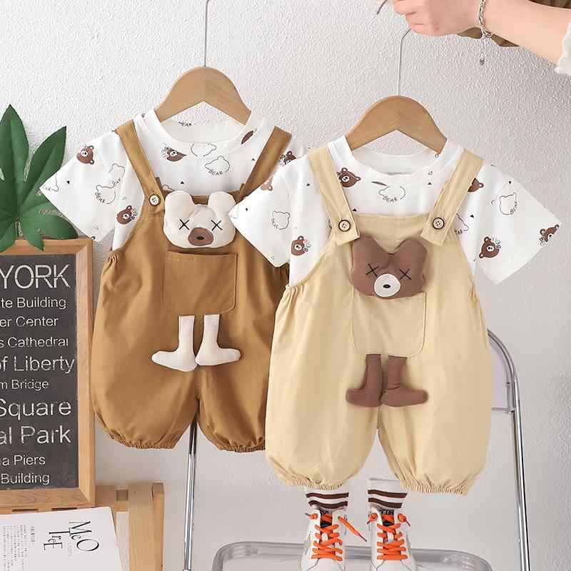 キッズ 男の子 ベビー 半袖 上下セット 立体 犬モチーフ サロペット オーバーオール 綿 薄手 春夏 かわいい おしゃれ 普段着 部屋着