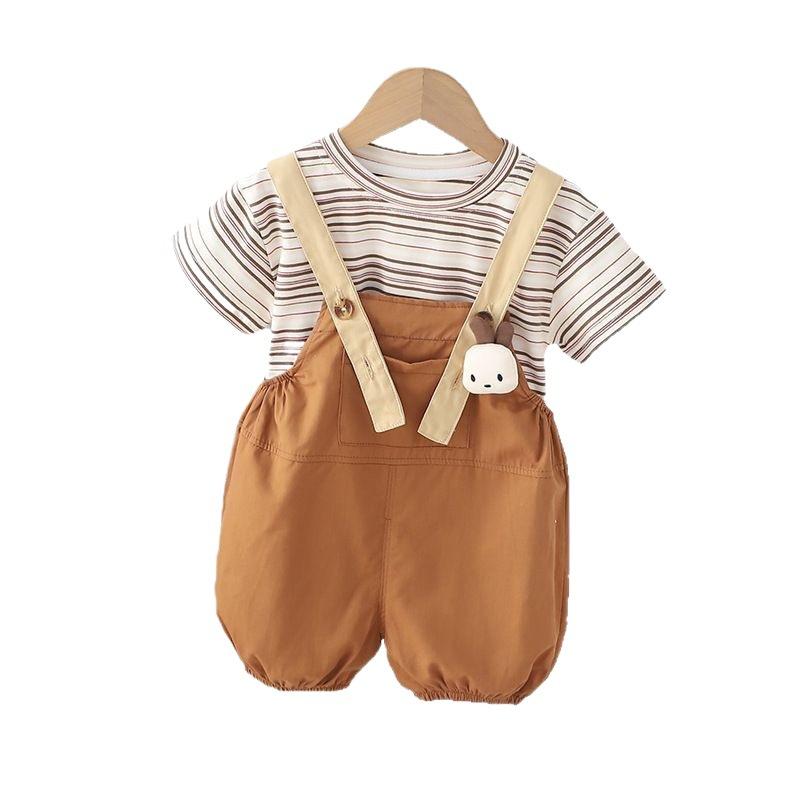 子供服 ベビー キッズ 男女兼用 半袖 Tシャツ トップス ストライプ ボーダー柄 サロペット オーバーオール ショートパンツ 2点セット 韓国風 薄手 綿 コットン カジュアル 夏 普段着 セットアップ お出かけ