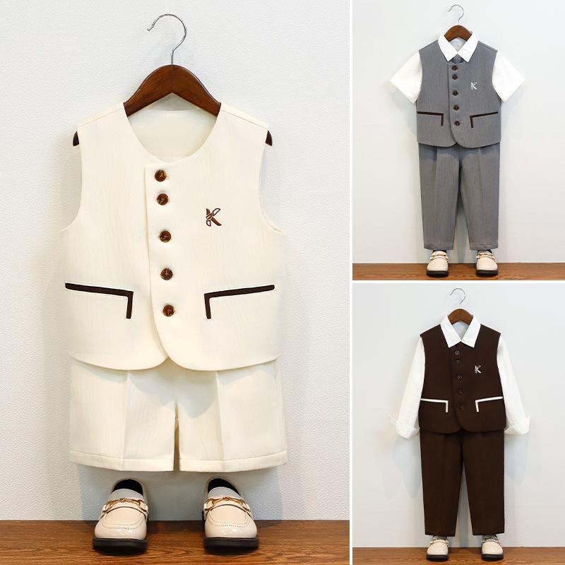 スーツ 男の子 キッズ 春夏 ベスト セットアップ ジレ ポリエステル シングルボタン ベージュ ブラック グレー 幼稚園 誕生日 発表会 演奏会 司会 舞台 フラワーボーイ 結婚式 七五三 入学式 卒業式 フォーマル 礼服 セレモニー