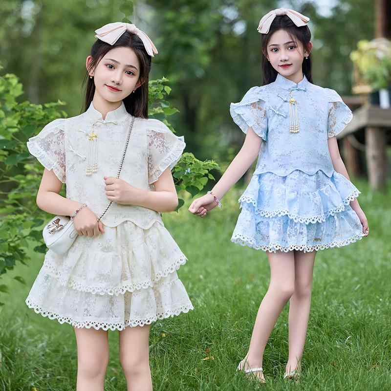 親子服 女の子 ガールズ 新中華風 チャイナ風 セットアップ ツーピース 春夏 薄手 柔らかい 上品 エレガント 花柄 ポリエステル ビスコース 母娘服 姉妹服 親子コーデ ブルー系 ベージュ系 普段着 お出かけ