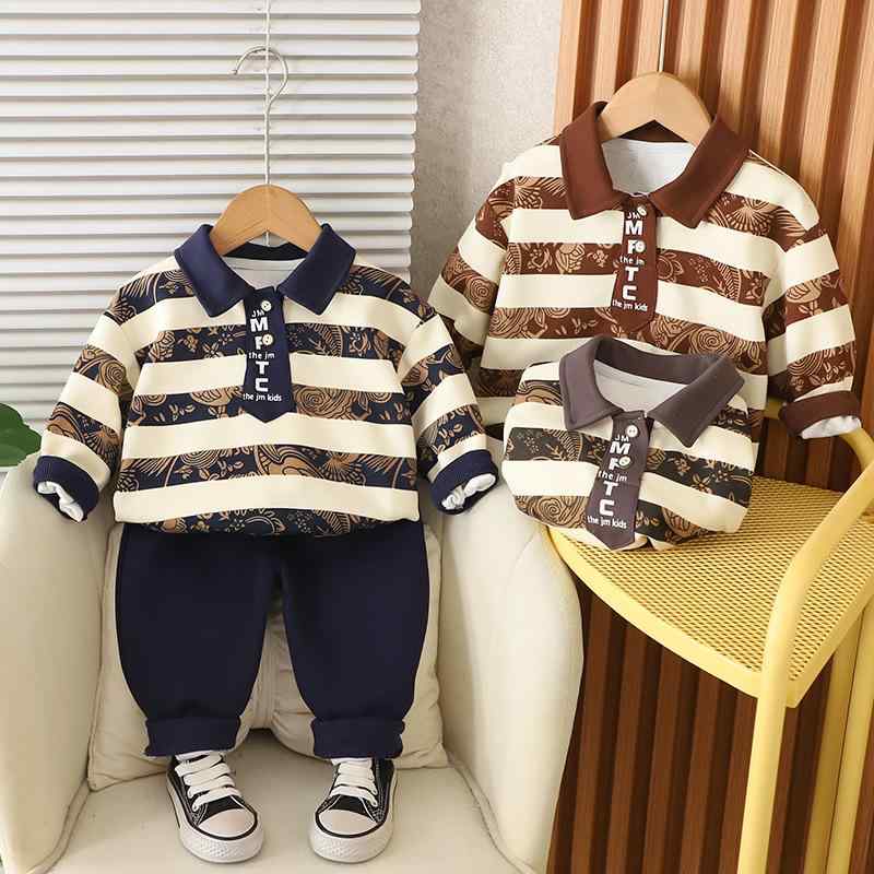 セットアップ 男の子 ベビー キッズ 春秋 スウェット トレーナー ポロシャツ 長袖 ロングパンツ 長ズボン 2点セット 綿 コットン ストライプ ボーダー 英字 アルファベット ネクタイデザイン おしゃれ カジュアル 柔らかな肌触り