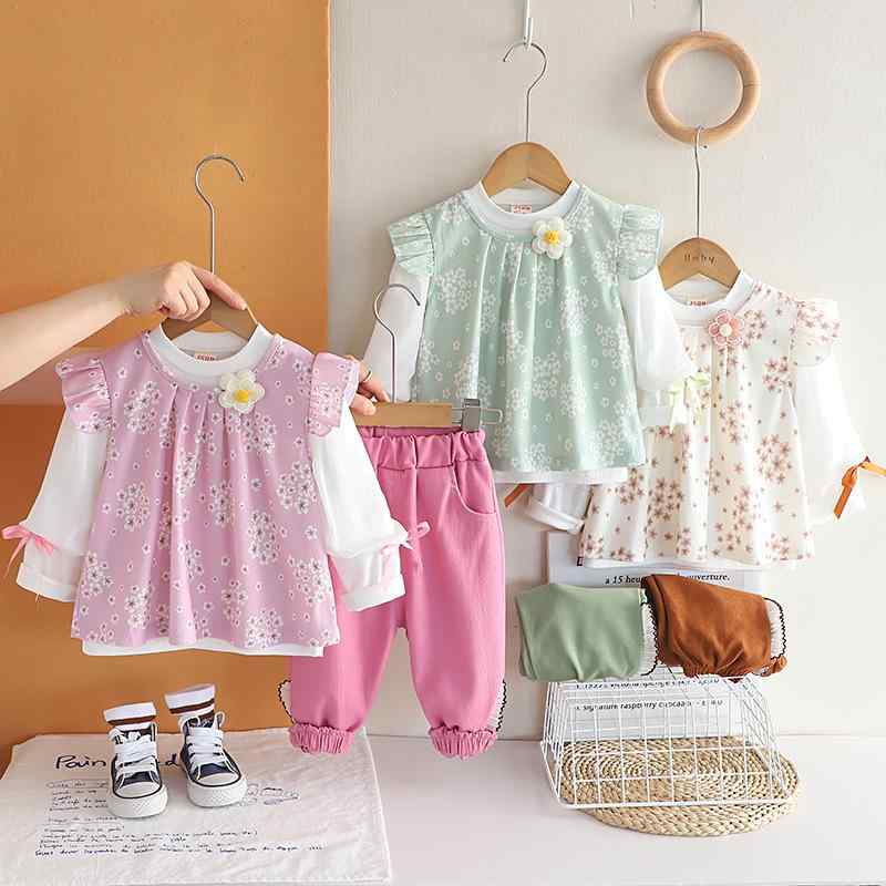 キッズ 女の子 ベビー セットアップ 春秋 スリーピース ジャンパースカート 長袖トップス ロングパンツ..