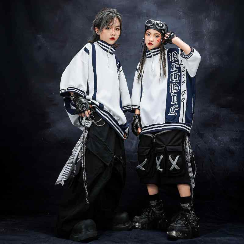 キッズダンス衣装 男の子 女の子 ジュニア ヒップホップ ストリート セットアップ 上下セット 半袖 五分袖 立ち襟 スタンドカラー 発表会 ステージ パフォーマンス 練習着 ファッションショー 綿 春夏