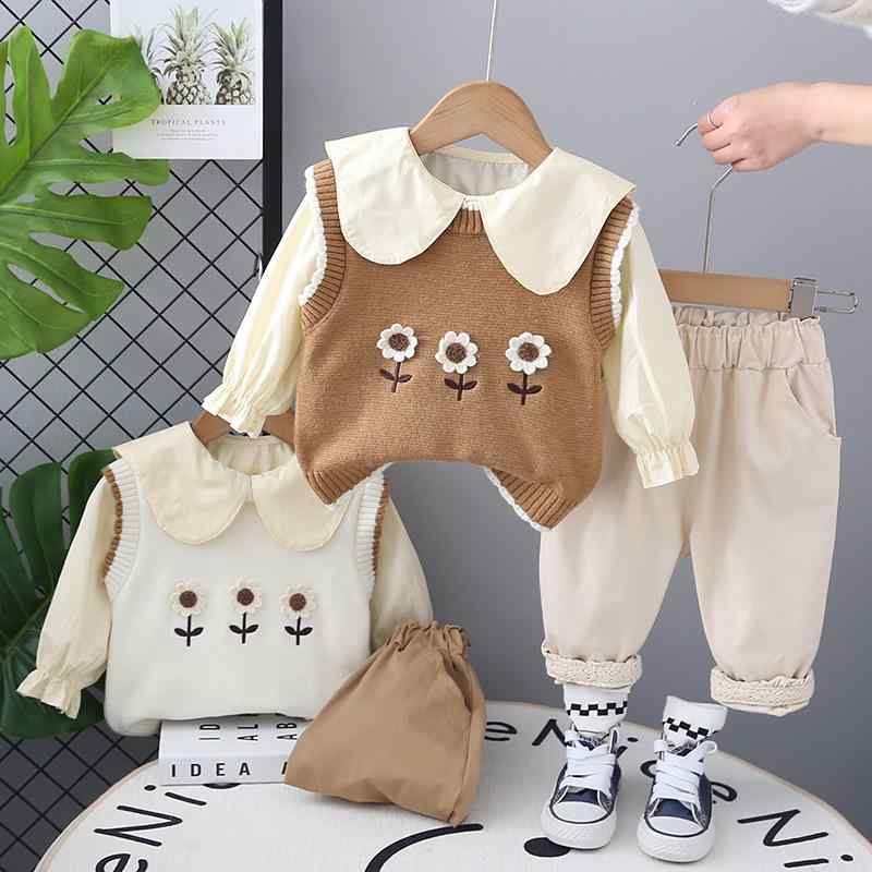 ベビー服 女の子 セットアップ 花柄 ニットベスト 長袖トップス ドールカラー パンツ 3点セット 綿 春秋 普段使い カジュアル かわいい