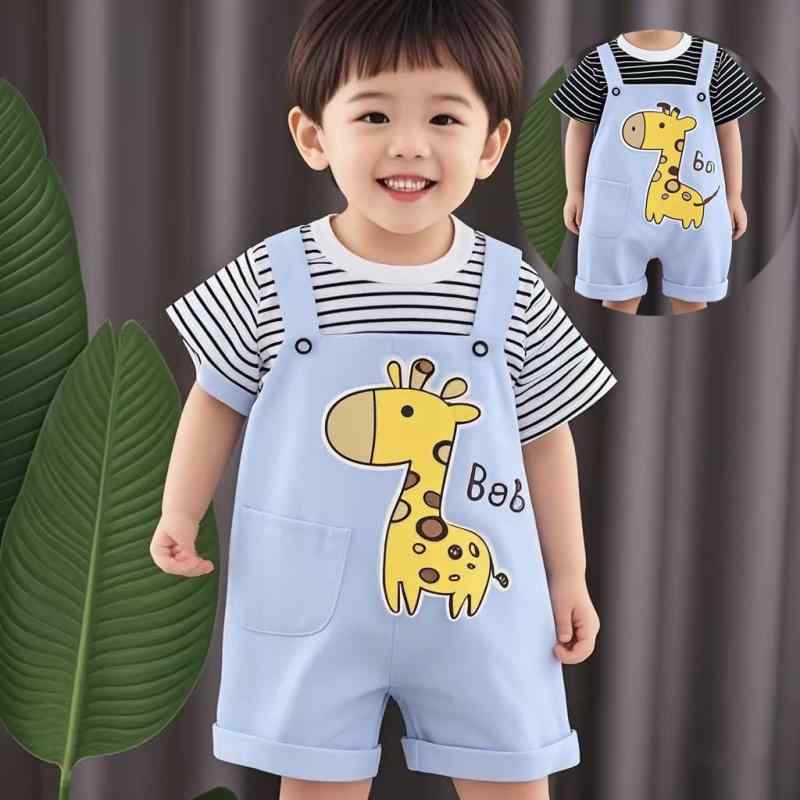 ベビー服 男の子 0-3歳 夏物 薄手 ストライプ 小鹿柄 半袖 サロペット 短パン 上下2点セット 綿95% 通気性 快適 普段着 お出かけ ルームウェア 韓国子供服