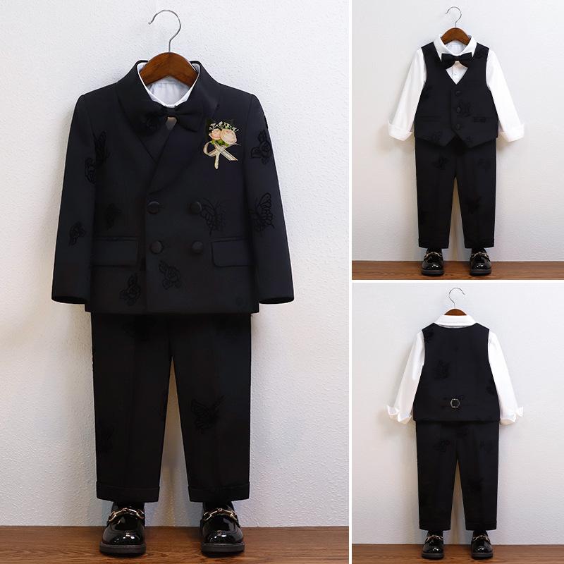 キッズ 男の子 フォーマルスーツ ジャケット セットアップ ダブルボタン 長袖 プリント柄 ポリエステル 発表会 演奏会 結婚式 入学式 卒業式 七五三 フラワーボーイ 礼服 セレモニー 誕生日 ブラック 秋冬春