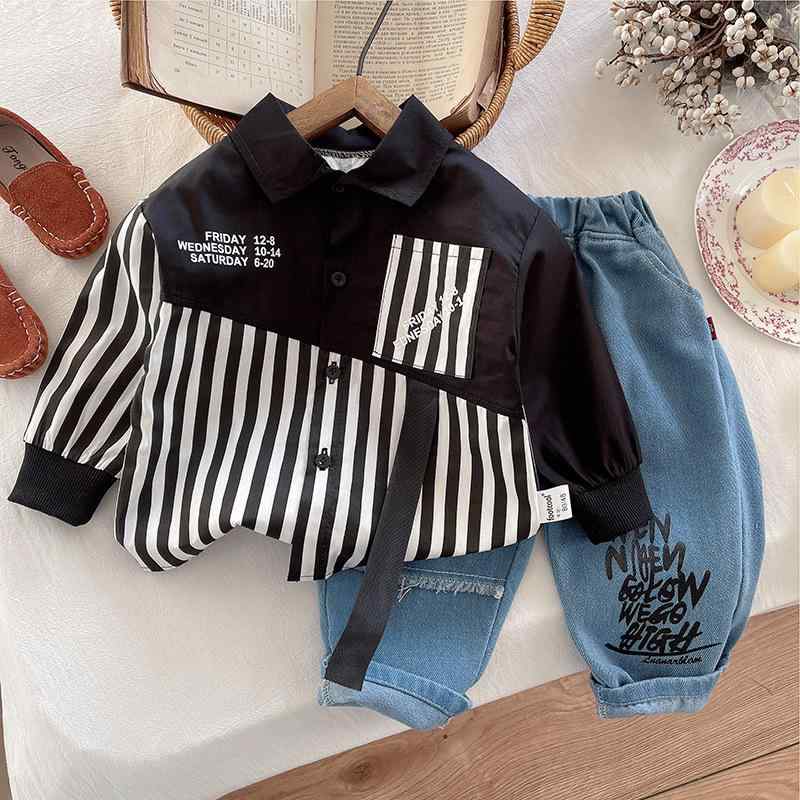 キッズ 男の子 長袖シャツ 薄手アウター 2点セット セットアップ 韓国ファッション カジュアル かっこいい おしゃれ 綿 コットン 柔らかい 普段使い 通学 春秋