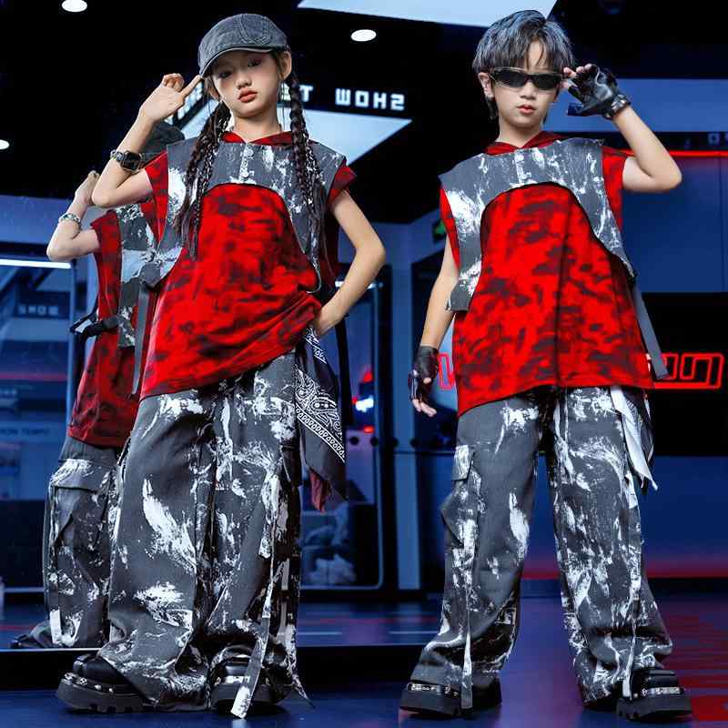 ダンスウェア キッズ 男女兼用 ボーイズ ガールズ ストリートダンス ヒップホップ 発表会 舞台衣装 ドラム パフォーマンス 練習着 スリーピース セットアップ 切り替え ポリエステル 再生繊維