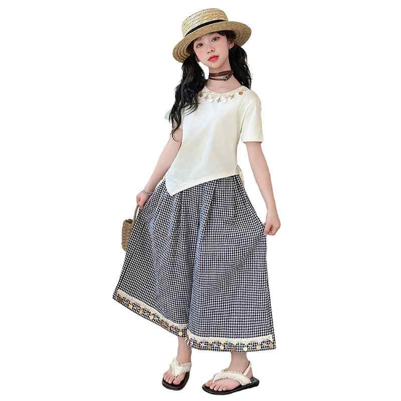 子供服 セットアップ 女の子 女児 ガールズ ジュニア 夏 半袖 アシンメトリー トップス ボヘミアン エスニック柄 チェック柄 ロングパンツ 再生繊維混紡 薄手 柔らかい 2点セット カジュアル リゾート