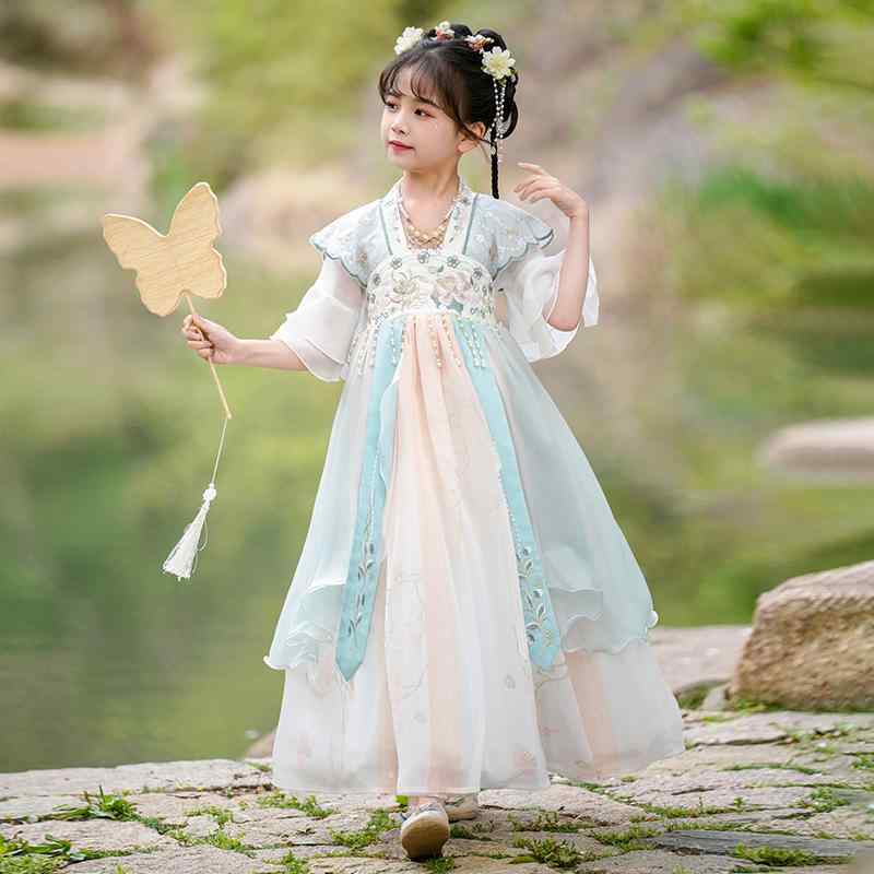 キッズ ドレス 女の子 ジュニア 発表会 舞台 イベント チャイナドレス 漢服 唐装 プリンセス 花柄 かわいい 春夏 中国風 ポリエステル ワンピース