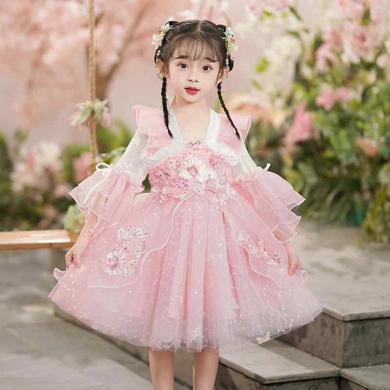 ワンピース 女の子 女児 キッズ 漢服 唐装 中国風 民族衣装 刺繍 花柄 チュール レース プリンセス風 お姫様 かわいい ポリエステル ピンク グリーン パープル 春夏秋 チャイナドレス