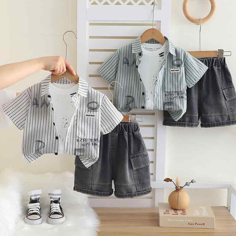 セットアップ ベビー 男の子 夏服 韓国風 おしゃれ 縦ストライプ柄 襟付き 半袖シャツ 半ズボン 三点セット 綿 薄手 普段着 カジュアル グリーン ホワイト かわいい
