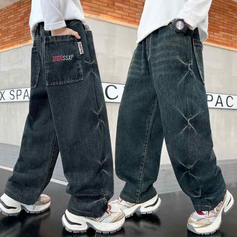 デニムパンツ 男の子 ボーイズ キッズ ジュニア 綿 コットン 春秋 ハイウエスト ゆったり ルーズ スト..