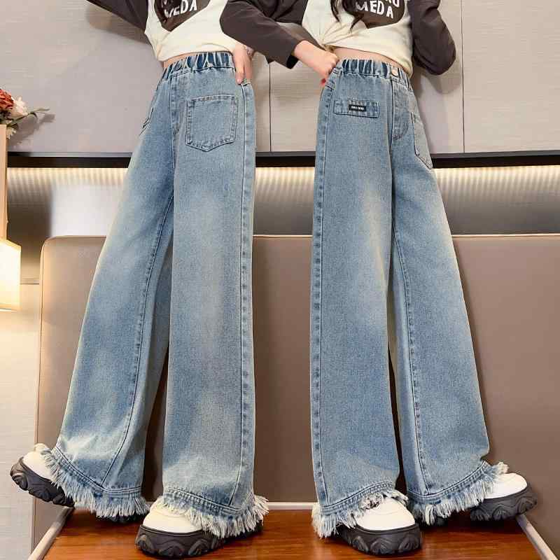 デニムパンツ キッズ 女の子 ジュニア 春秋 フリンジ 切りっぱなし ストレート ワイドパンツ ゆったり ..