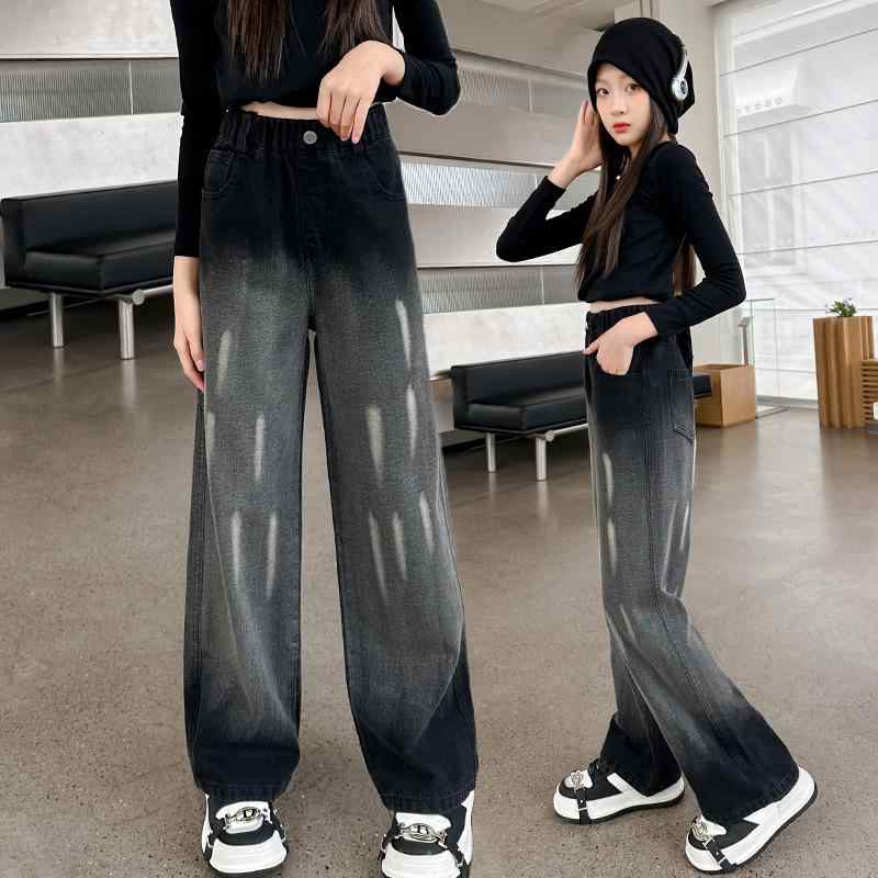 デニムパンツ 女の子 キッズ ジュニア 子供服 ストレート ルーズ ゆったり ハイウエスト ウエストゴム 細見え効果 春秋 カジュアル おしゃれ 綿 オフホワイト 通学 普段使い ボトムス