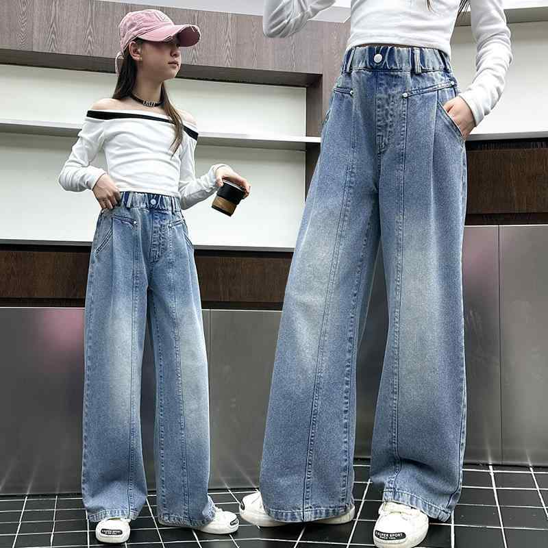 デニムパンツ 女の子 ジュニア キッズ 春秋 ストレート ルーズ ワイドパンツ ハイウエスト おしゃれ ゆ..