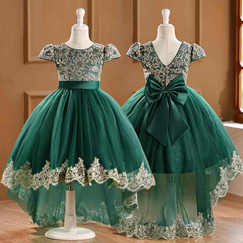 ドレス 女の子 子供用 フォーマル プリンセス スパンコール 燕尾 テールカット パフスリーブ チュール 刺繍 リボン 発表会 宴会 結婚式 パーティー ポリエステル 春夏 ワインレッド グリーン かわいい エレガント