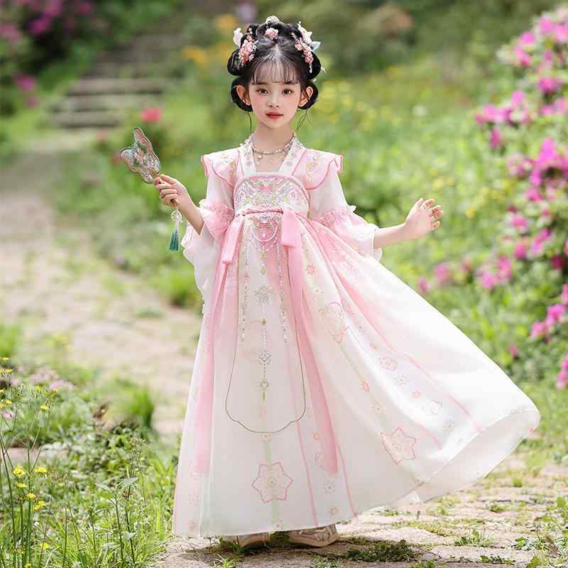 ドレス 女の子 ガールズ 子供 ジュニア 漢服 唐装 中国風 古典衣装 プリンセス かわいい ポリエステル メッシュ 発表会 舞台 イベント 春夏
