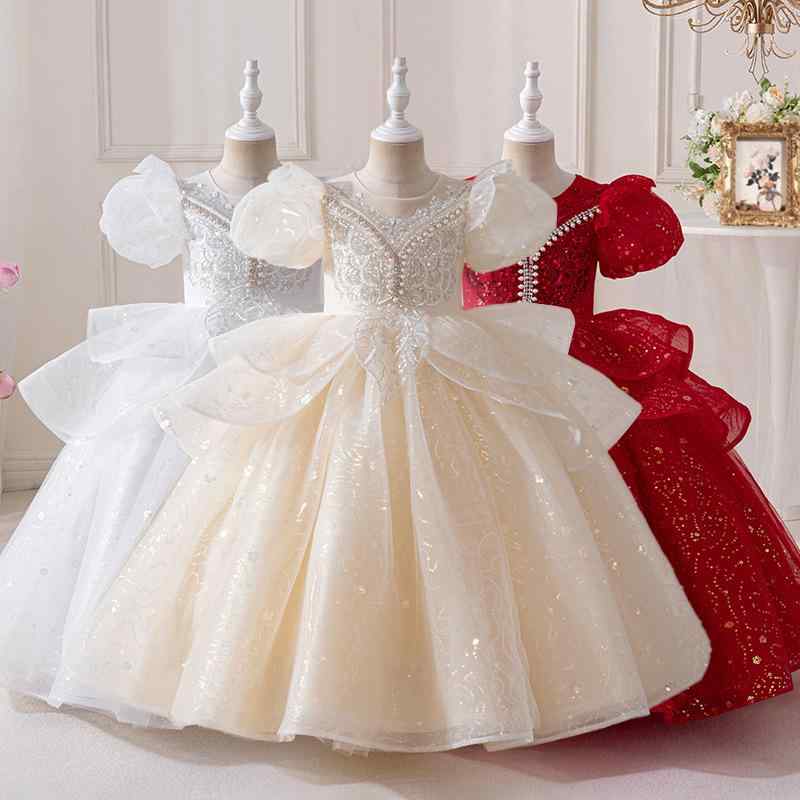 ドレス 女の子 キッズ フォーマル 礼服 フラワーガール 結婚式 ピアノ発表会 演奏会 誕生日 バースデー プリンセス 上品 エレガント 華やか ロング丈 チュール ポリエステル 韓国風 レッド ホワイト シャンパン