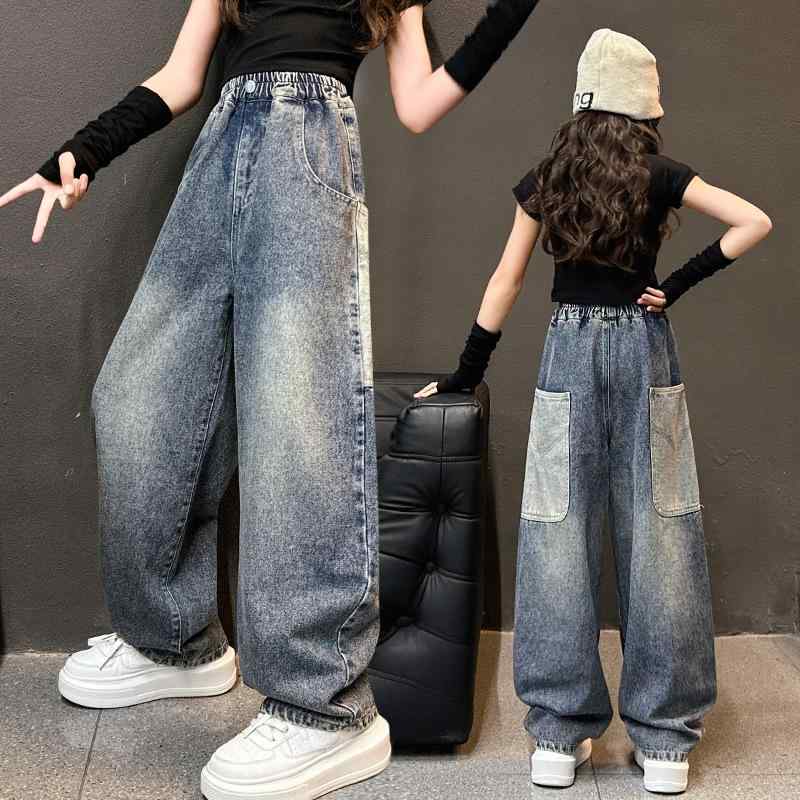 デニムパンツ 女の子 ジュニア ティーンズ ストレート ワイドシルエット バナナシルエット ビッグポケット ハイウエスト ゴムウエスト フルレングス ジーンズ カジュアルスタイル 春秋 綿 ロング丈 普段使い