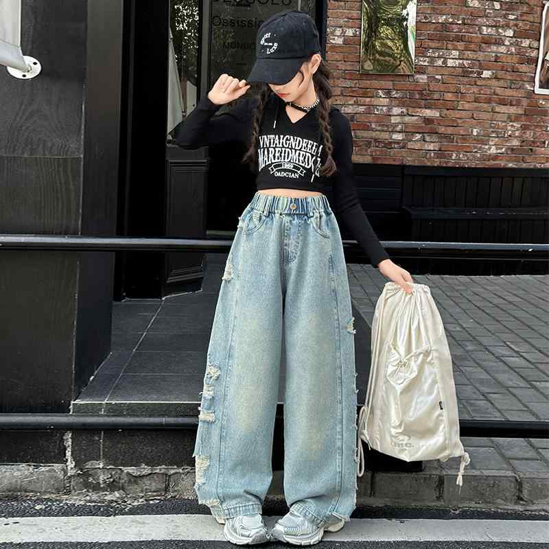 デニムパンツ キッズ 女の子 ジュニア ダメージ加工 ゆったり ワイドパンツ ハイウエスト 綿 コットン 柔らかな肌触り カジュアル ウエストゴム 春秋 ライトブルー