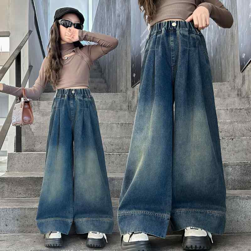 デニムパンツ 女の子 キッズ ジュニア ジーンズ ゆったり ストレート ワイド ロングパンツ コットン 綿 柔らかい ハイウエスト ゴムウエスト おしゃれ トレンド 春秋 普段使い 通学 カジュアルスタイル