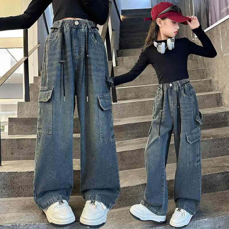 パンツ 女の子 キッズ ジュニア カーゴ デニム ジーンズ ストレート ルーズ ワイドパンツ ロング丈 綿 ..