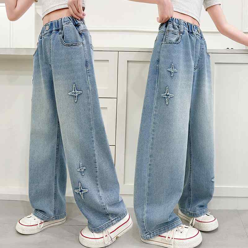 デニムパンツ 女の子 ガールズ キッズ ジュニア 小学生 中高生 春秋 星柄刺繍 スターデザイン ゆったり..