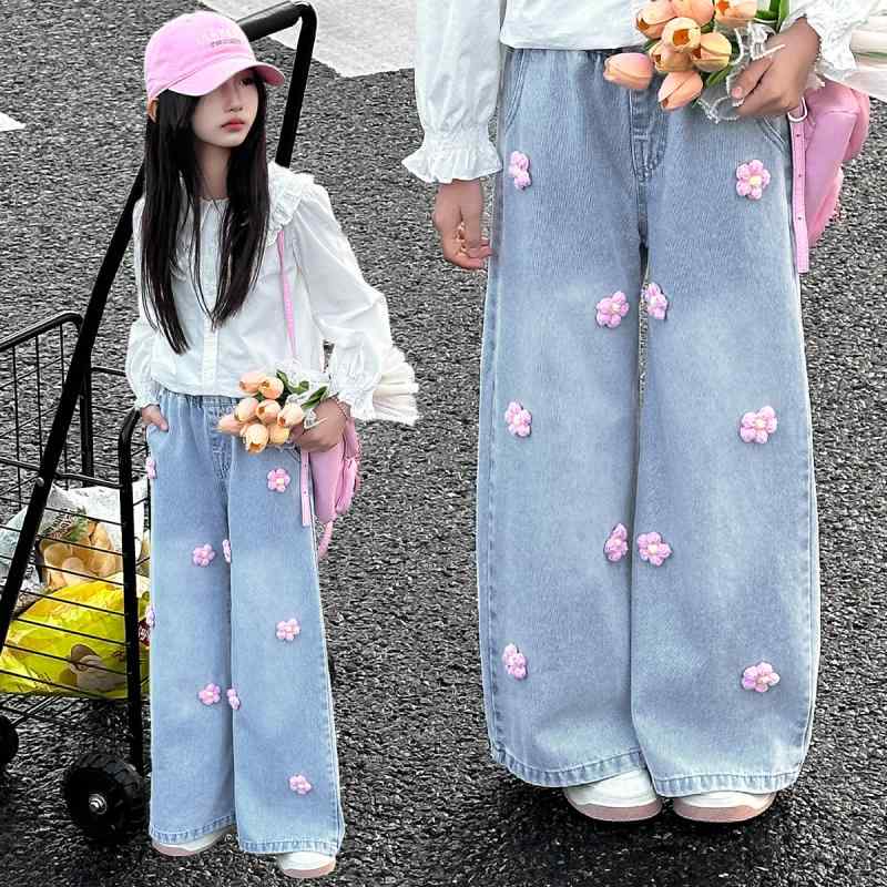 デニムパンツ 女の子 キッズ ジュニア ガールズ 春秋 花柄 刺繍 立体小花 ストレート ワイドパンツ ゆ..