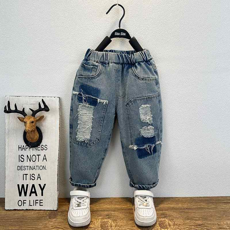 パンツ キッズ 男の子 男児 デニム ジーンズ コットン 長ズボン ウエストゴム ダメージ加工 ソフト 柔らかい カジュアル 普段使い 春秋 ブルー ブラック