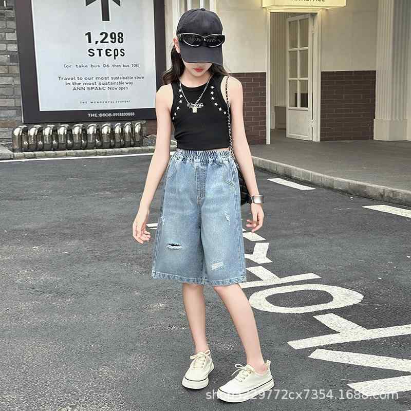 ハーフパンツ 女の子 ガールズ キッズ ジュニア デニム素材 ダメージ加工 切りっぱなし ハイウエスト ウエストゴム 薄手 軽量 コットン 柔らかい 普段使い カジュアル 春夏