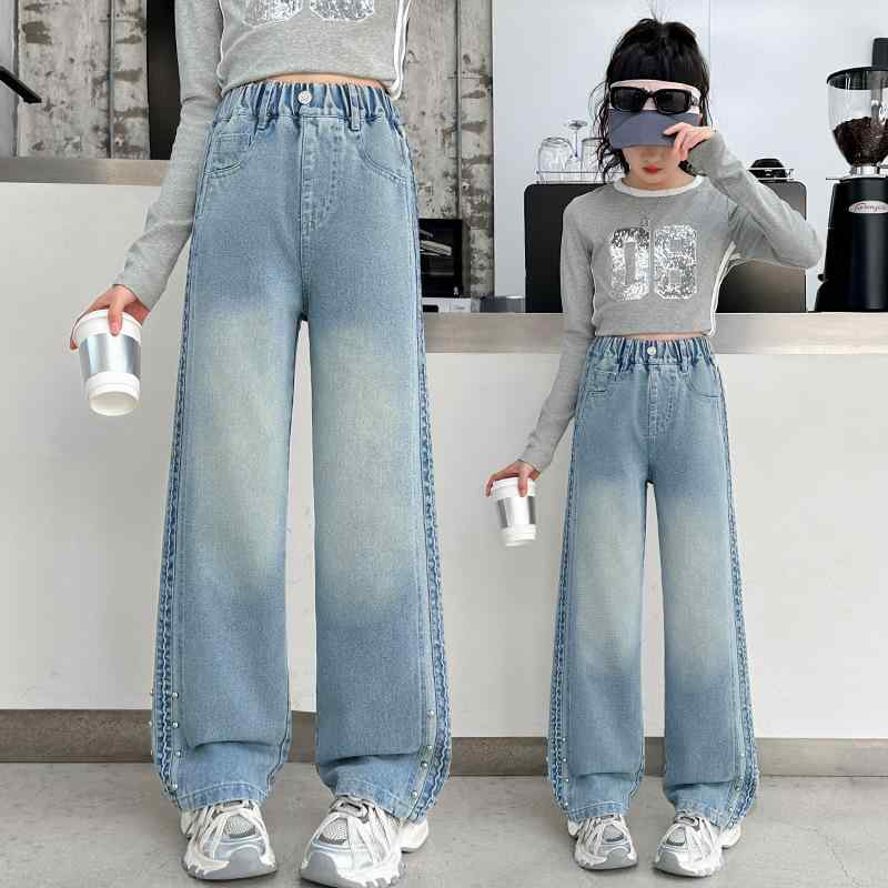 デニムパンツ 女の子 ジュニア ガールズ ストレート ワイド コットン ジーンズ おしゃれ トレンド リベット スタッズ 通学 普段使い カジュアル ボトムス