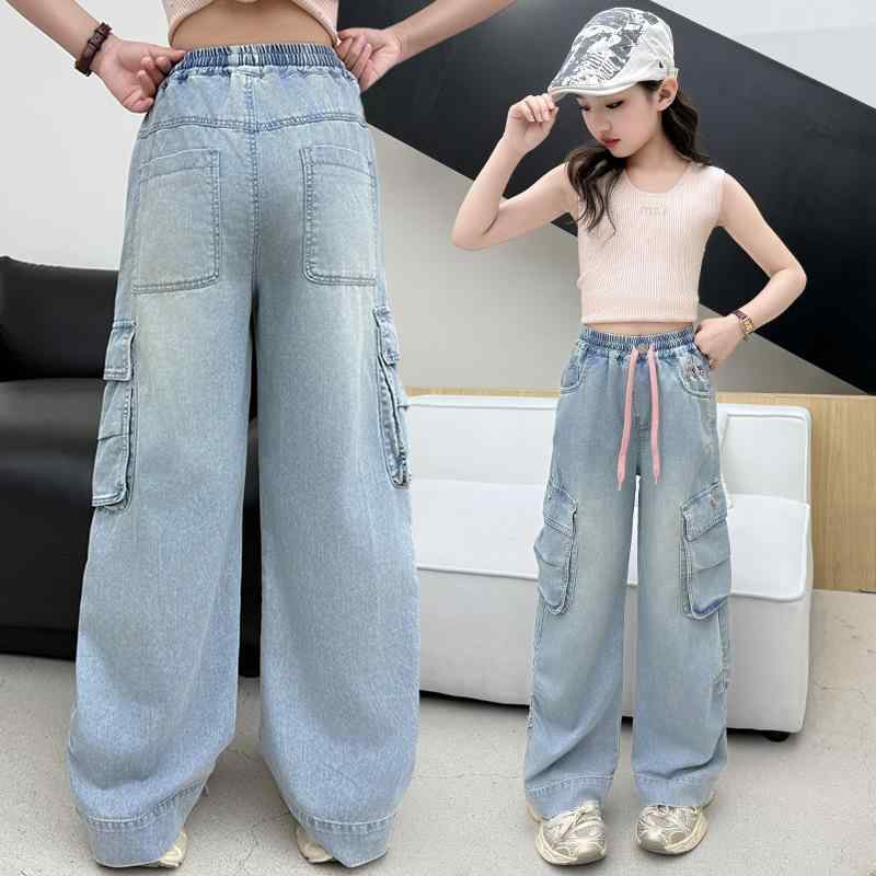 子供 女の子 パンツ デニム カーゴ ストレート ワイド ゆったり ルーズフィット ハイウエスト ウエストゴム コットン 無地 ソフトな肌触り 春夏 カジュアル 普段使い 通学 ジュニア 小学生