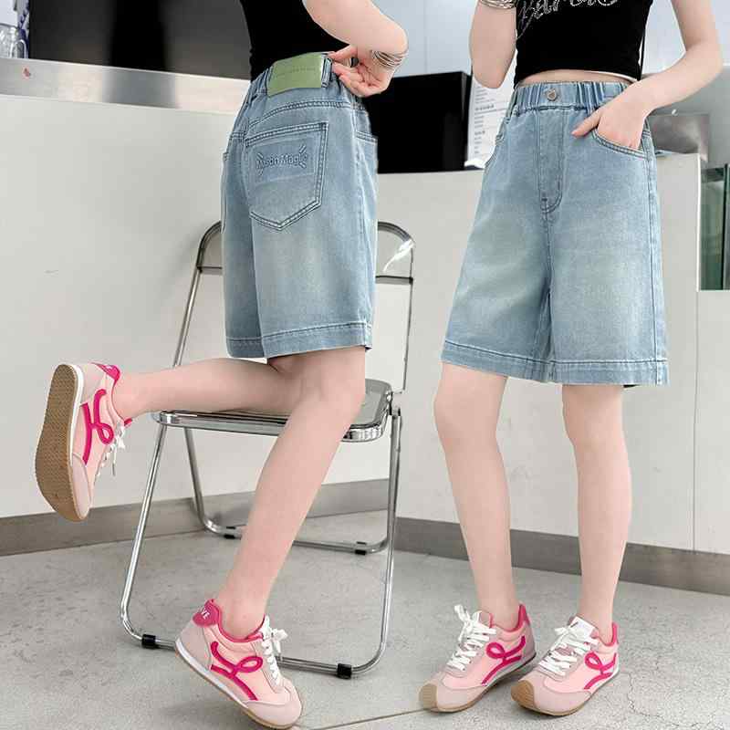 デニムハーフパンツ 女の子 ジュニア 五分丈 バックポケット型押し ハイウエスト 綿 柔らかい 肌触り快適 おしゃれ かわいい カジュアル 春夏 普段使い 通学