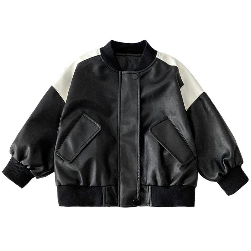 ジャケット キッズ 男の子 PUレザー 合皮 ポリエステル 切り替えデザイン ジップアップ スタンドカラー 立ち襟 ショート丈 韓国風 春秋 ブラック 黒 アウター ブルゾン 普段使い 通学 おしゃれ かっこいい