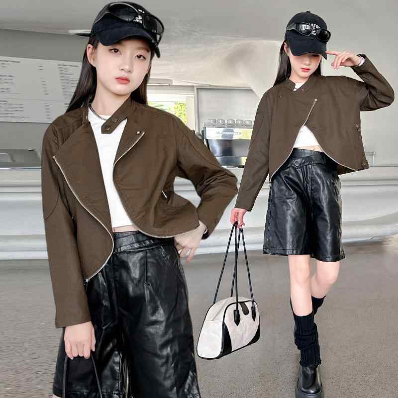ジャケット 女の子 キッズ ジュニア PUレザー レザージャケット アウター 春秋 無地 柔らかい 長袖 おしゃれ ストリート メーラードカラー 襟付き ショート丈 シングルボタン 普段使い 通学