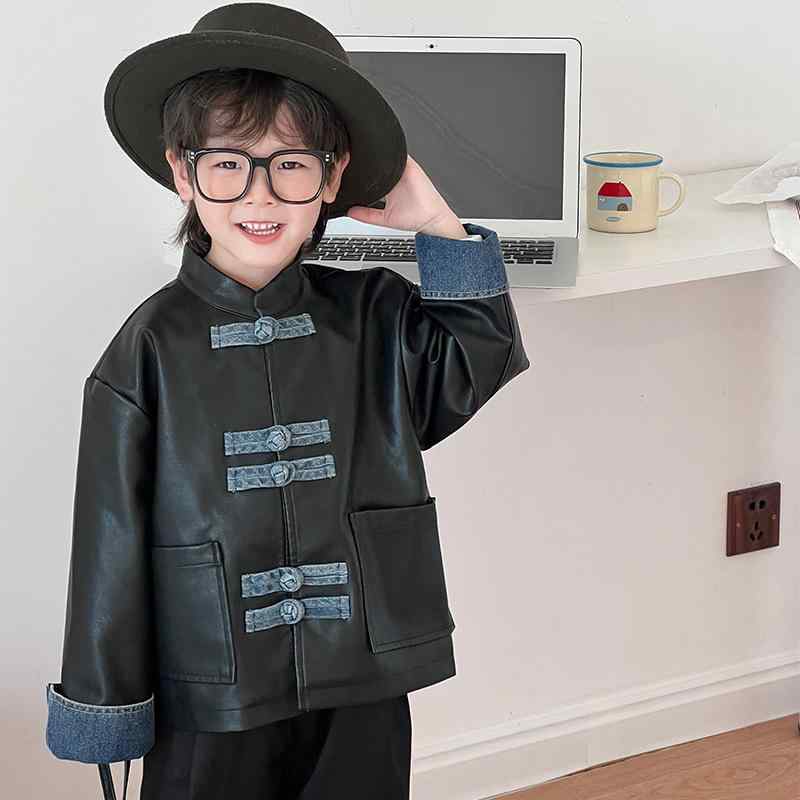 ジャケット キッズ 男の子 PUレザー レザージャケット 春秋 チャイナ風 盤ボタン 立襟 ブルゾン アウター ショート丈 おしゃれ 韓国風