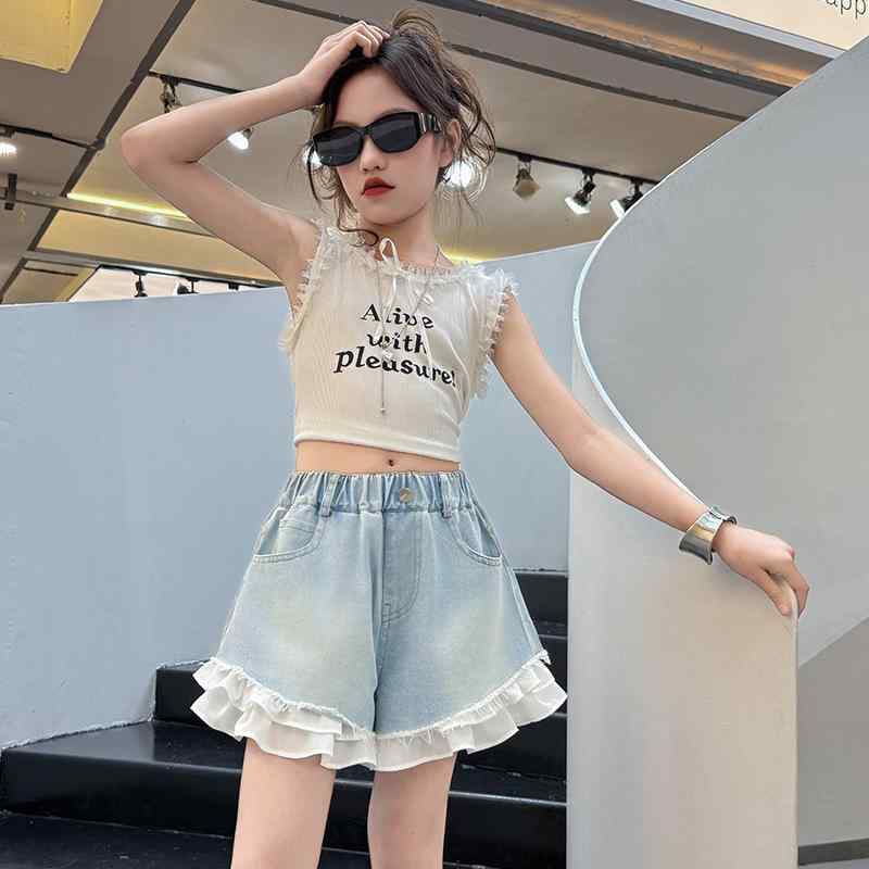 キュロットスカート 女の子 ガールズ キッズ 小中学生 デニム 綿 薄手 フリル レース 重ね着風 ハイウエスト かわいい 普段使い お出かけ カジュアル 春夏